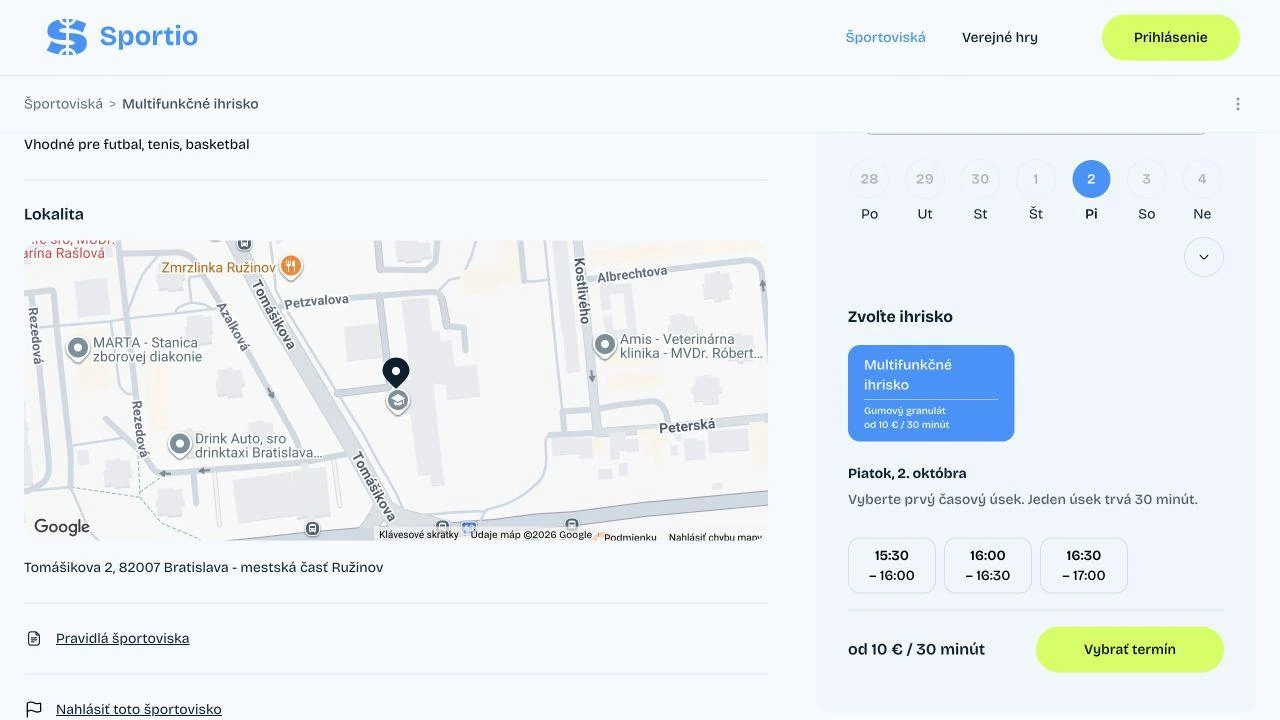Detail športoviska s kalendárom a výberom voľného termínu
