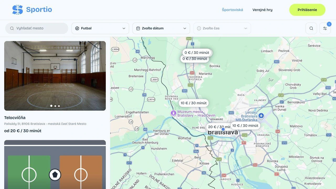 Zoznam a mapa futbalových ihrísk vo vyhľadávaní Sportio