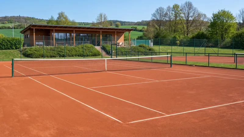 Prázdne vonkajšie antukové kurty so sieťami a klubovňou